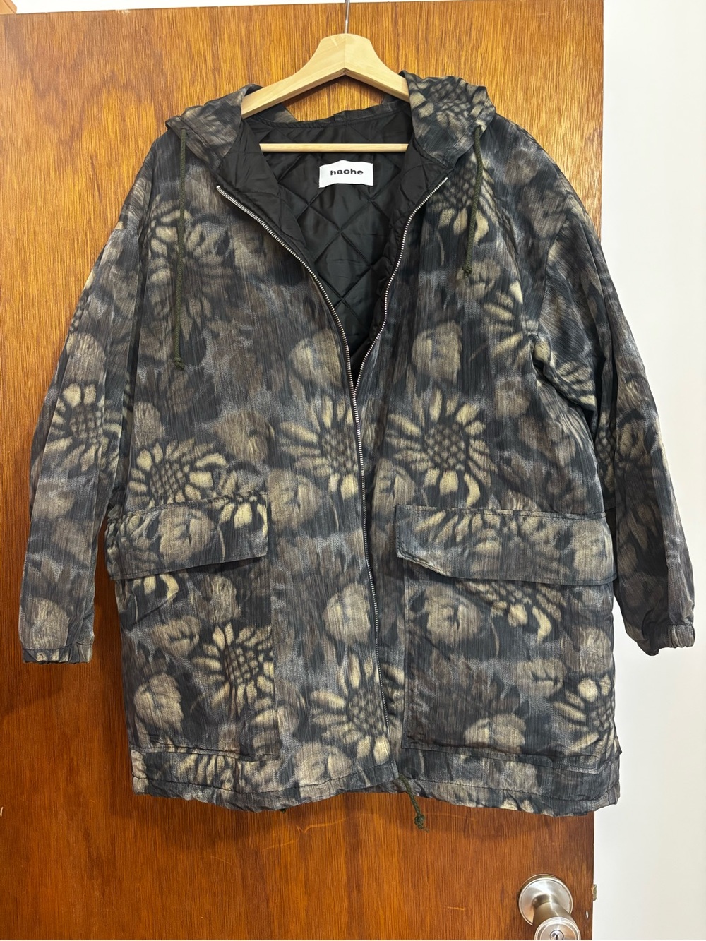 Hache Charcoal Sheen Floral-Print Hooded Utility Jacket